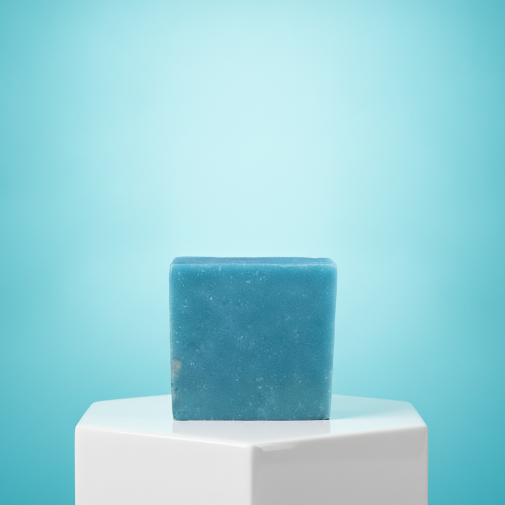 Cool Spring Scrub Soap Bar on a white pedestal with a bright blue background.