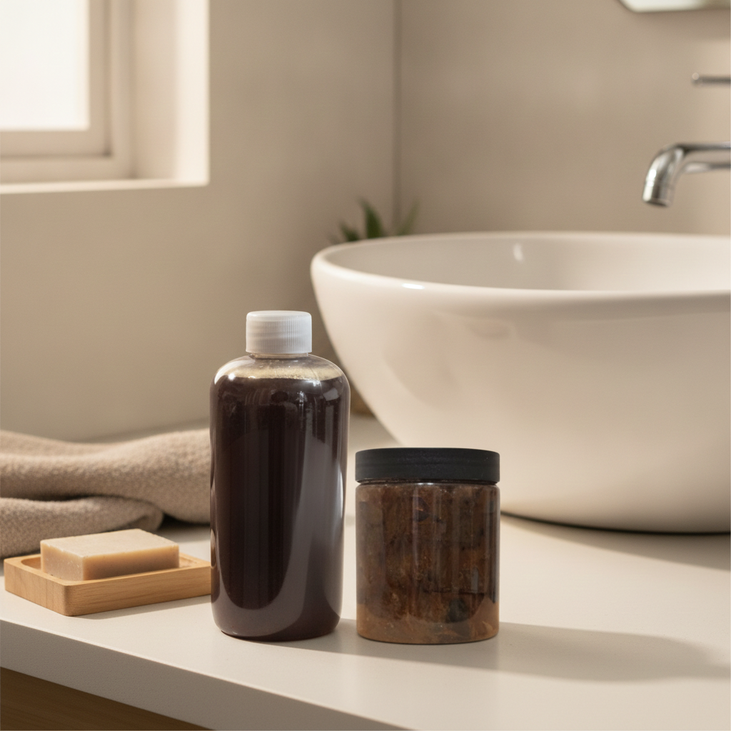 Black Soap Two Ways liquid and paste duo on a bright bathroom counter beside a sink, towel, and bar soap.