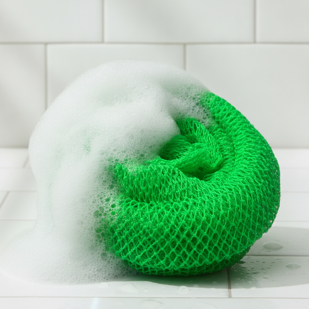 Green African Sapo Sponge surrounded by thick white soap foam on a tiled bathroom surface