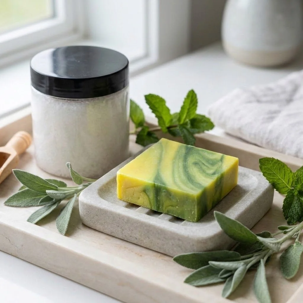 Free Spirit Soap Bar and Smooth Body Cream jar on a stone tray with sage leaves, fresh greenery, and soft window light.