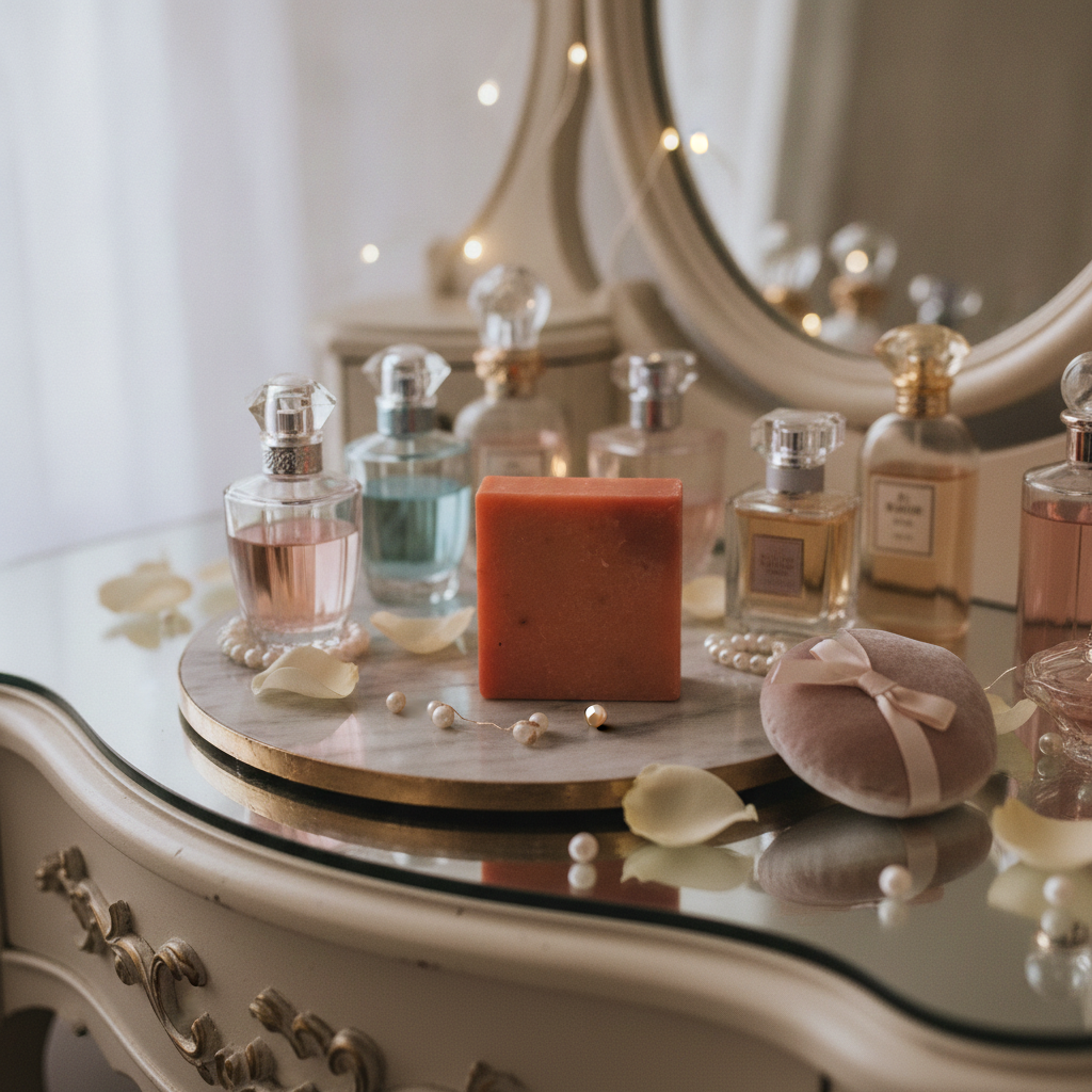 Bougie Auntie soap bar on a mirrored vanity surrounded by perfume bottles, pearls, and soft feminine styling