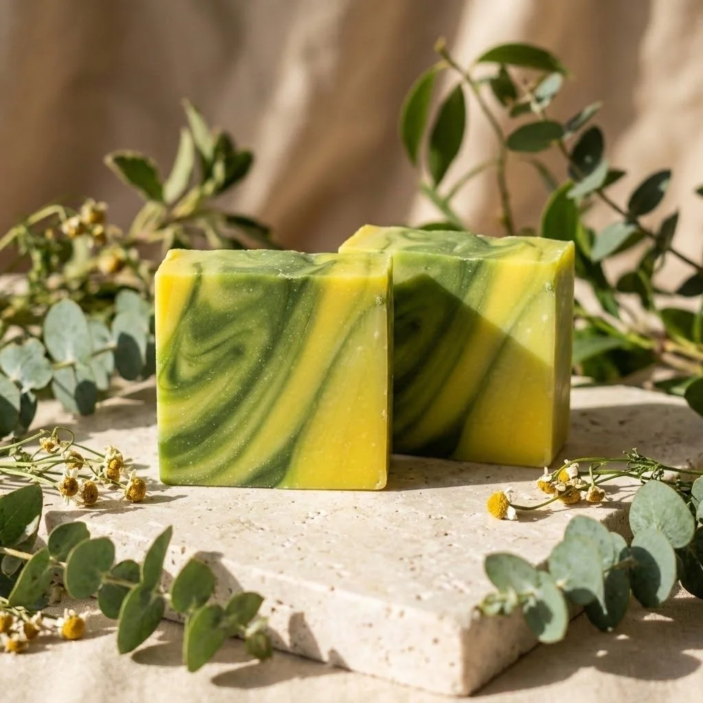 Two green and yellow Free Spirit soap bars on a stone slab with leafy greenery.
