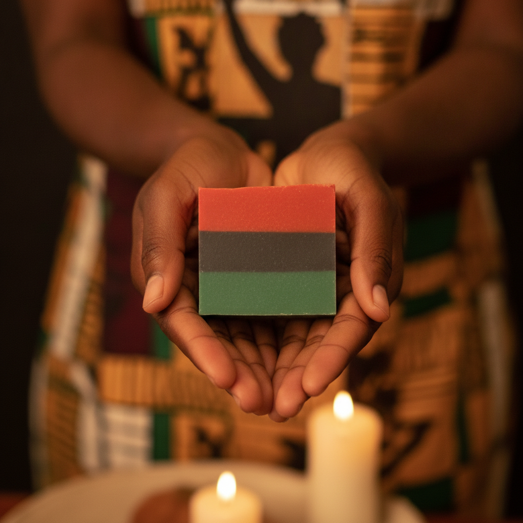 Black adult holding a Liberation Lather soap bar with red, black, and green horizontal layers