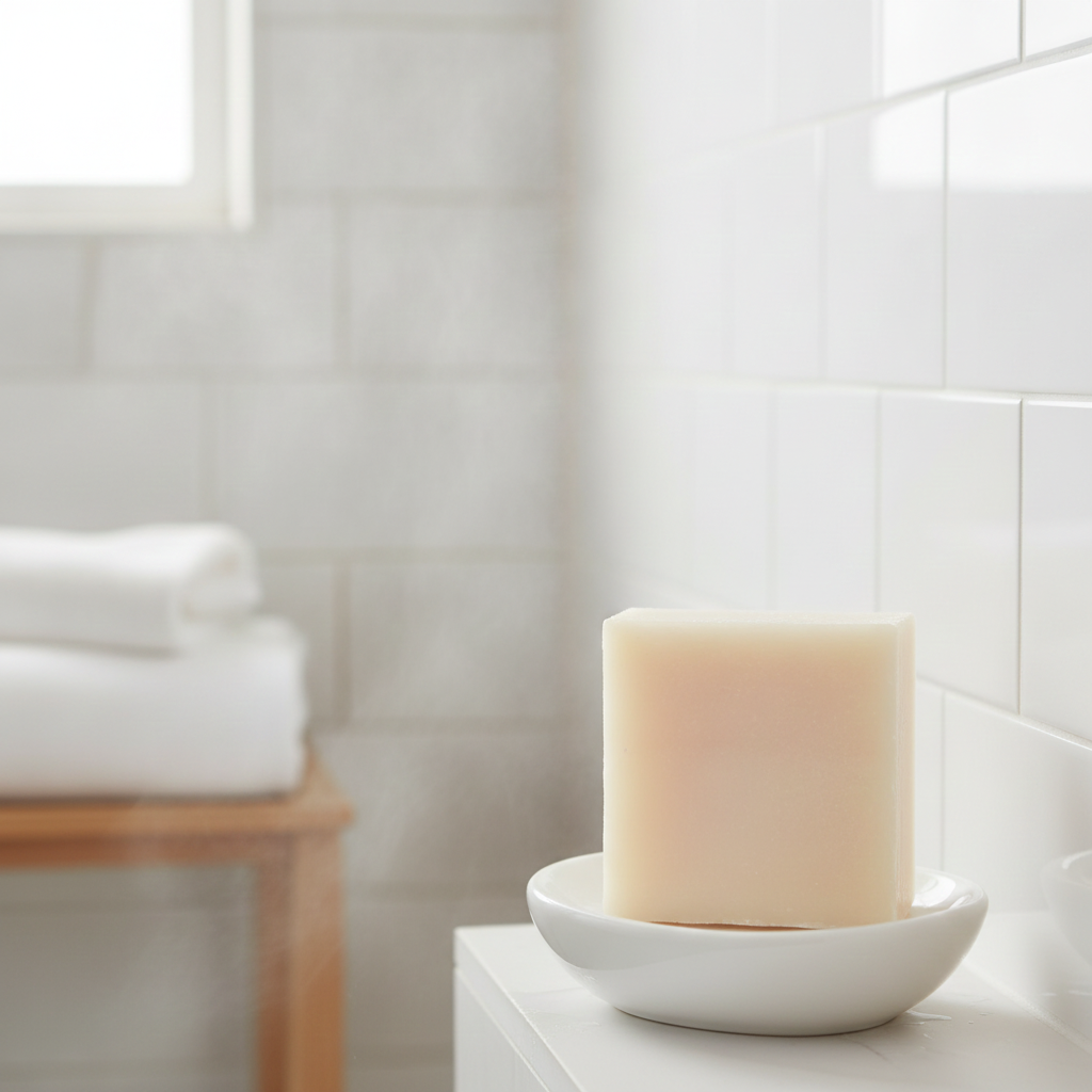 Cotton Blossom Soap Bar on a white dish in a bright bathroom with folded towels nearby.