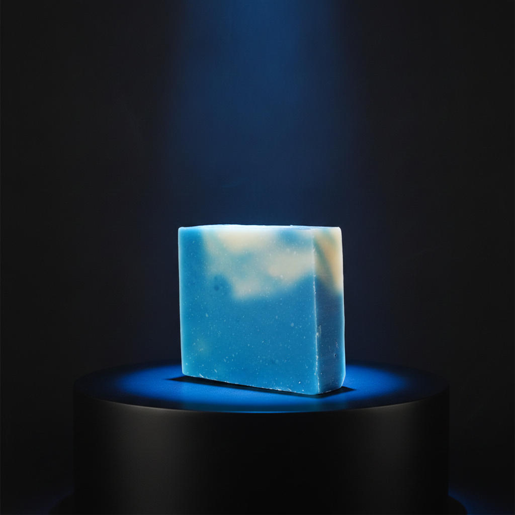 Cool Water Soap Bar on a black pedestal with a blue spotlight against a dark background.