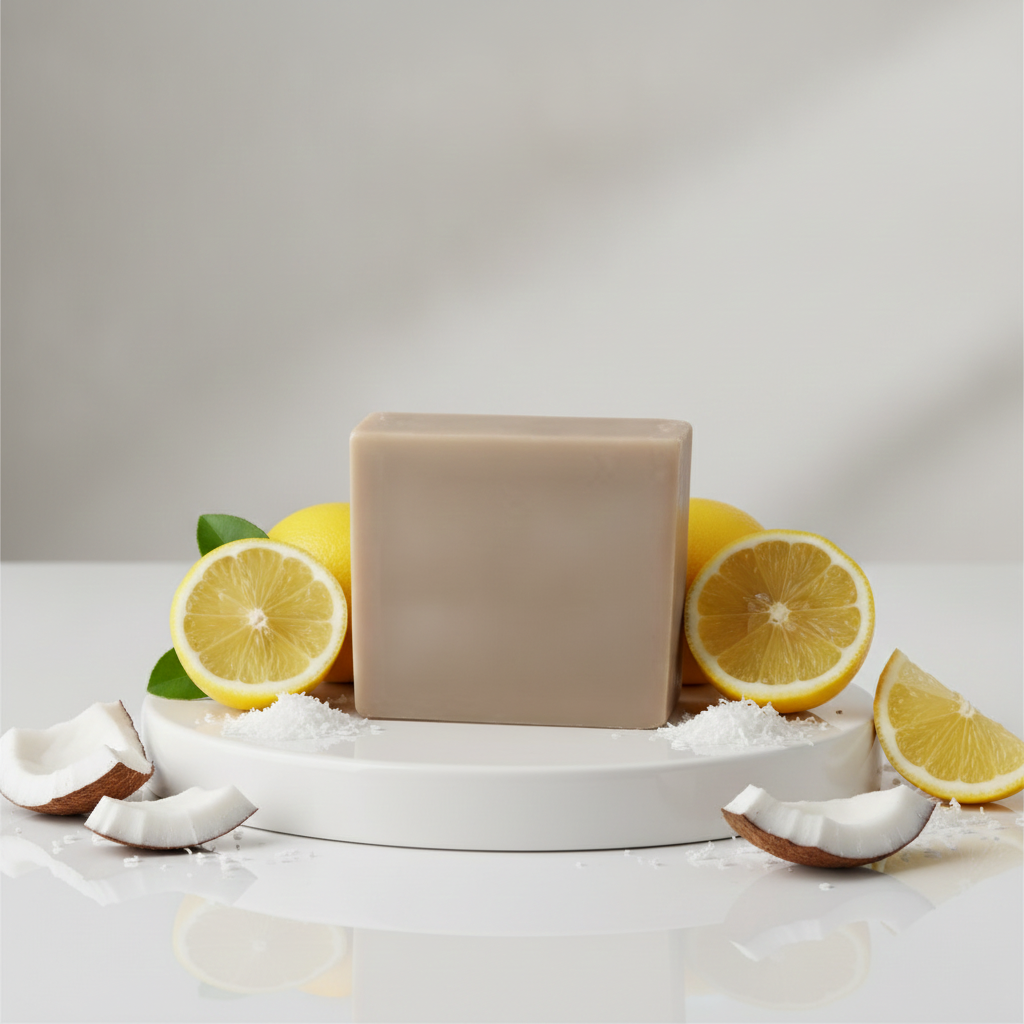 Lemon Coconut Soap Bar displayed with lemon slices and coconut pieces on a white pedestal.