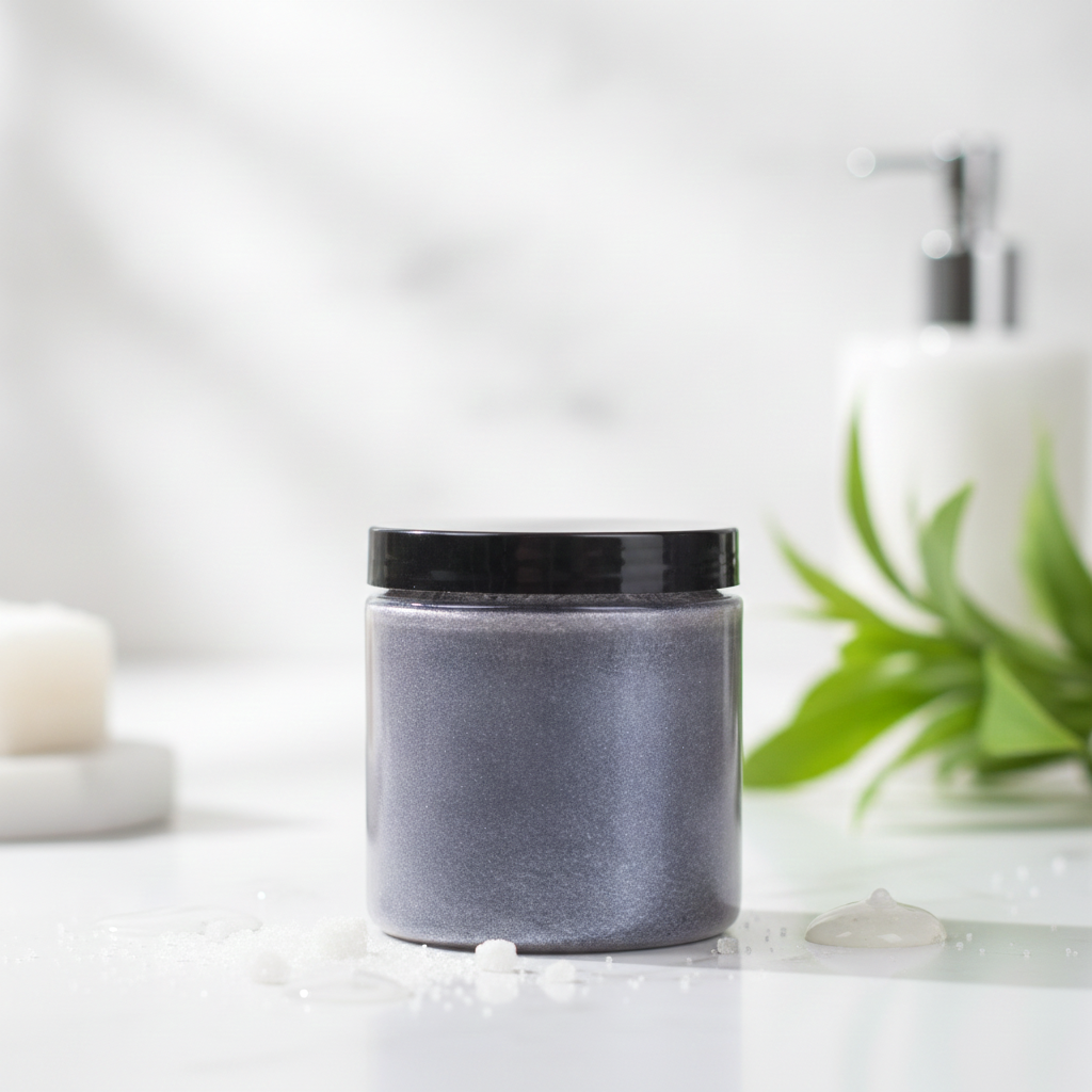 Purple Sugar Scrub Gel beside aloe and water droplets on a clean white bathroom counter.