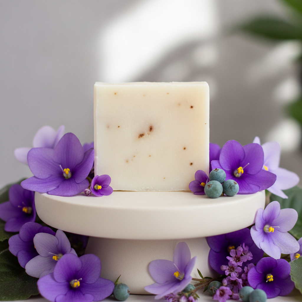 African Violet Soap Bar on a white pedestal surrounded by purple violet flowers and berries.