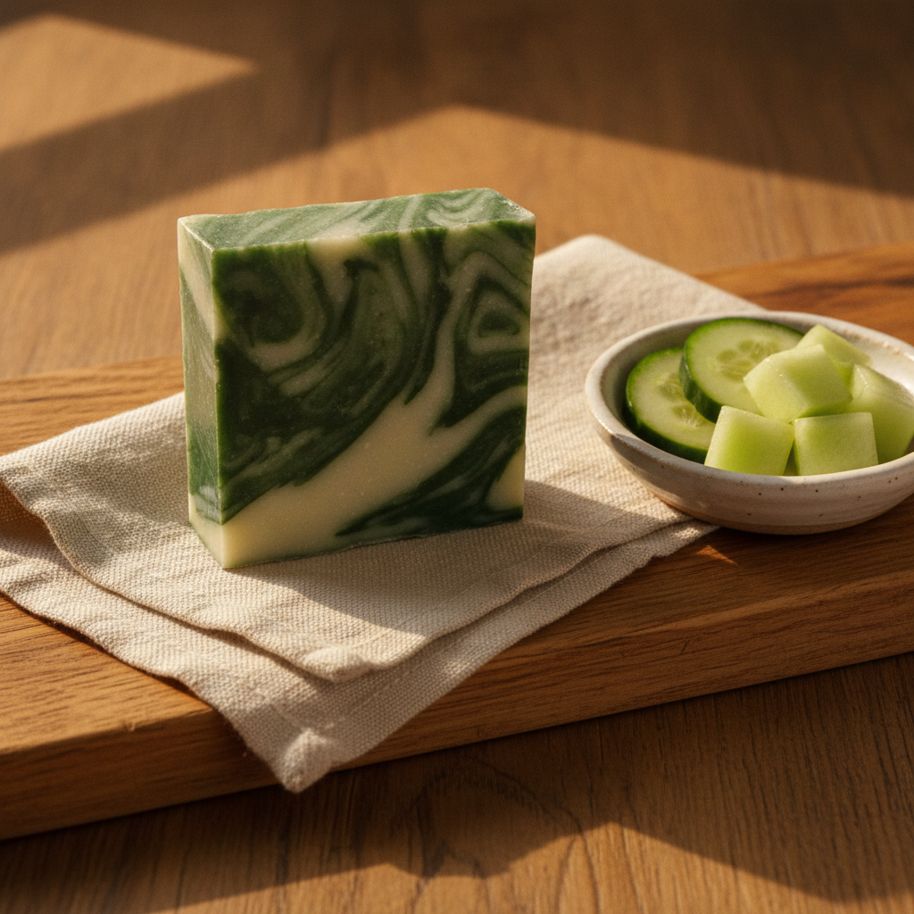 Cucumber Melon Soap Bar on folded fabric beside cucumber slices and melon pieces on a wooden tray.