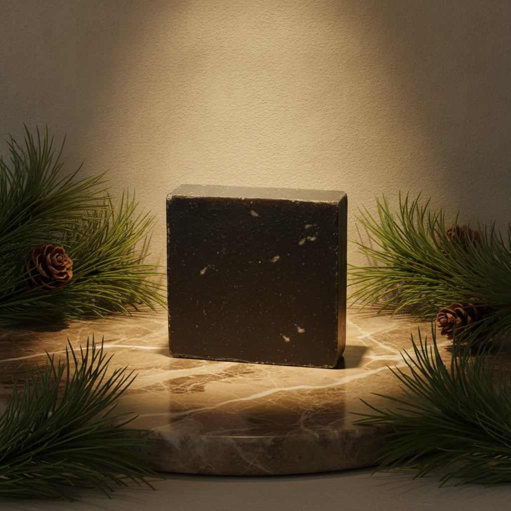 Pine Tar Soap Bar displayed with pine branches and pinecones on a warm stone pedestal.