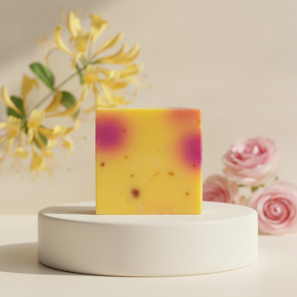 Honeysuckle Soap Bar on a white pedestal with honeysuckle flowers and pink roses.