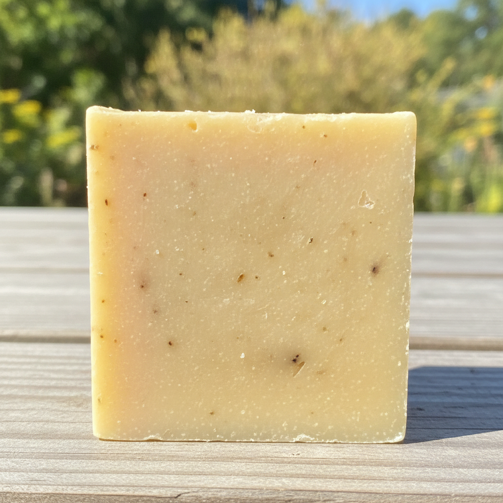 Lemongrass Soap Bar on a wooden surface outdoors with sunlight and greenery in the background.