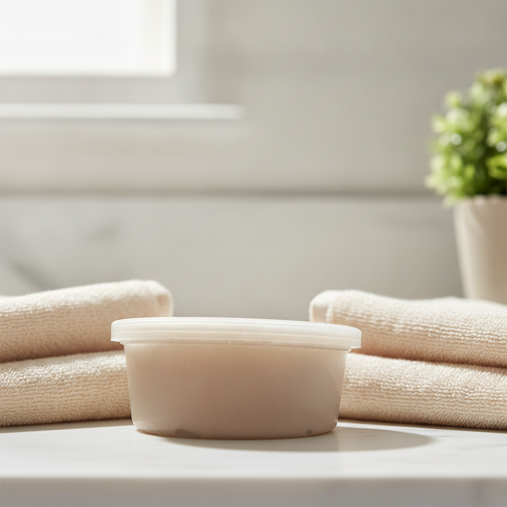 Creamy Whipped Shealoe Butter tub in front of folded towels in soft natural bathroom lighting.
