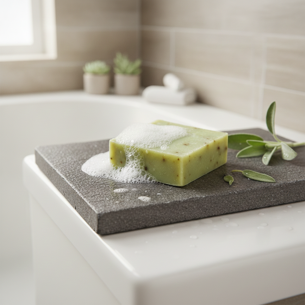 Hot Hammam soap bar with creamy lather on a dark bath tray with sage leaves in a warm bathroom setting