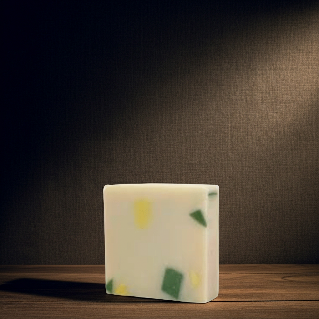 Mercado Verde handmade soap bar in warm moody light with a clean herbal fresh-market vibe