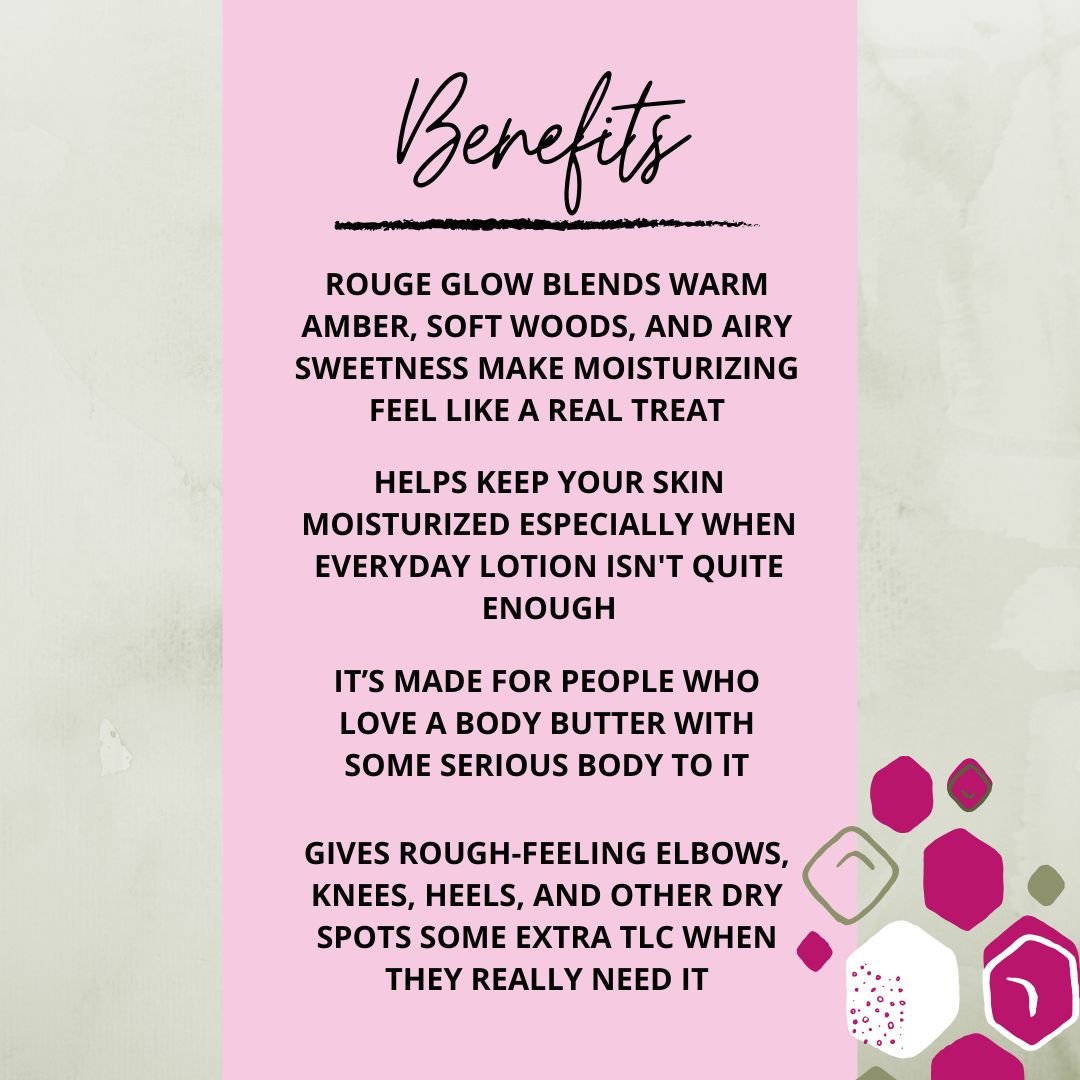 Rouge Glow body butter benefits graphic describing its warm amber, soft woods, and airy sweetness, rich texture, and use on rough-feeling areas.