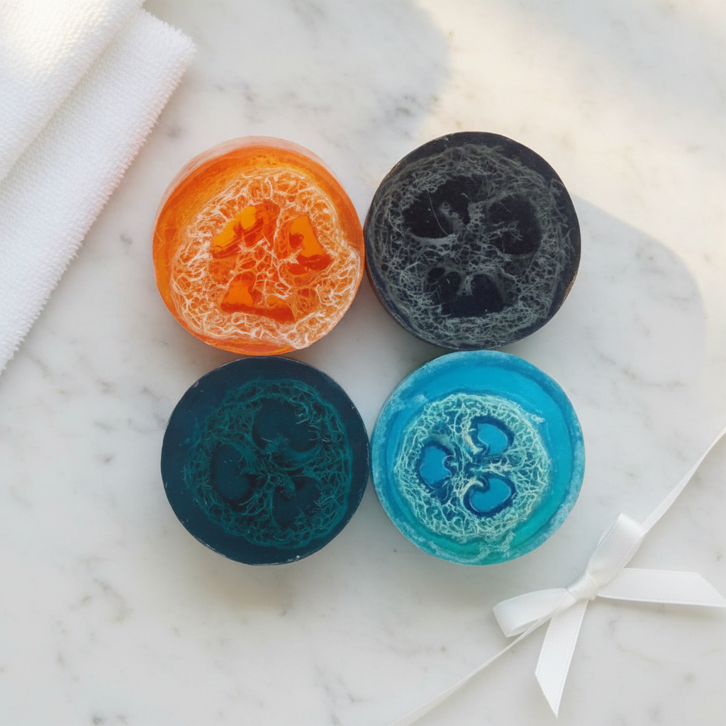 Four Loofah Soap Bars in orange, black, teal, and blue arranged on a marble surface with white ribbon.