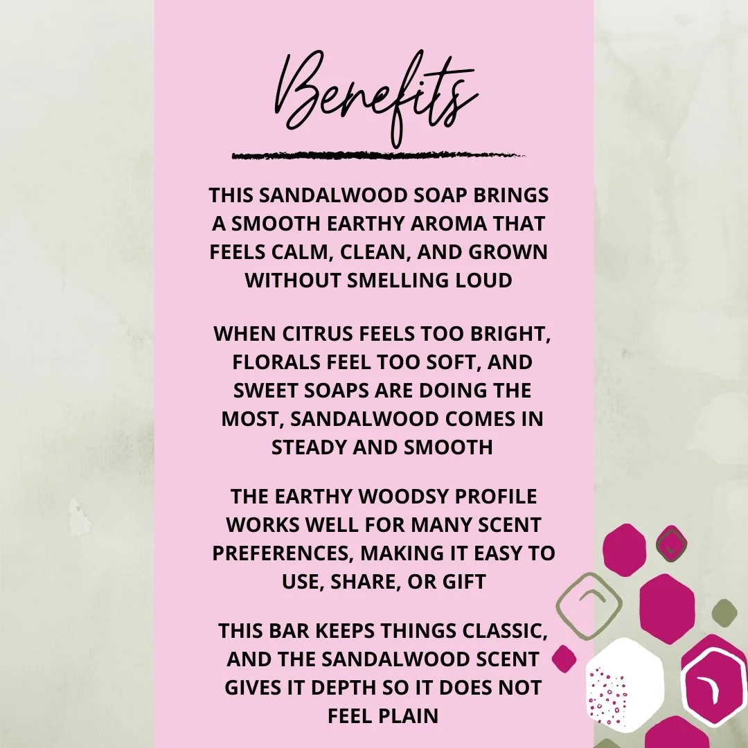 Benefits graphic for Sandalwood Soap Bar highlighting its smooth earthy scent, woodsy profile, unisex appeal, and classic soap style.
