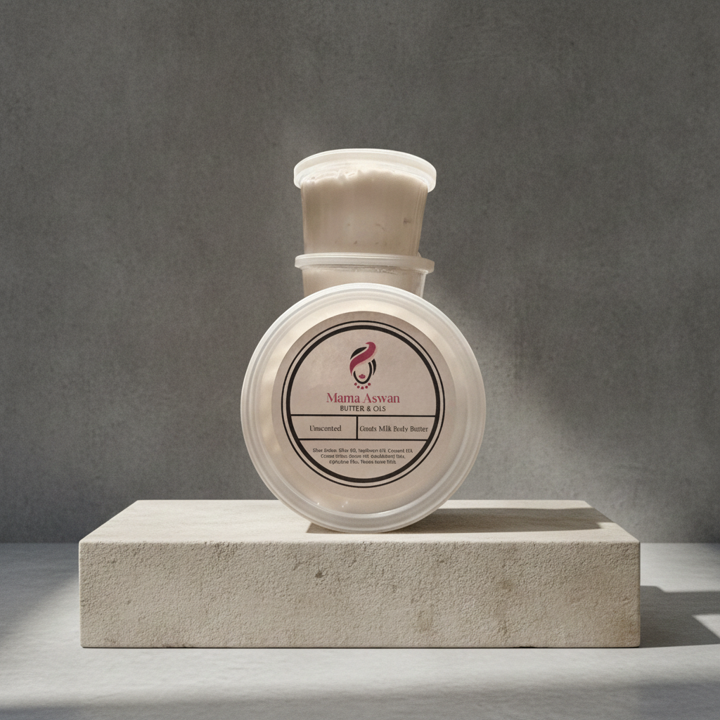 Unscented Goat’s Milk Body Butter displayed on a concrete pedestal against a dark gray studio background.