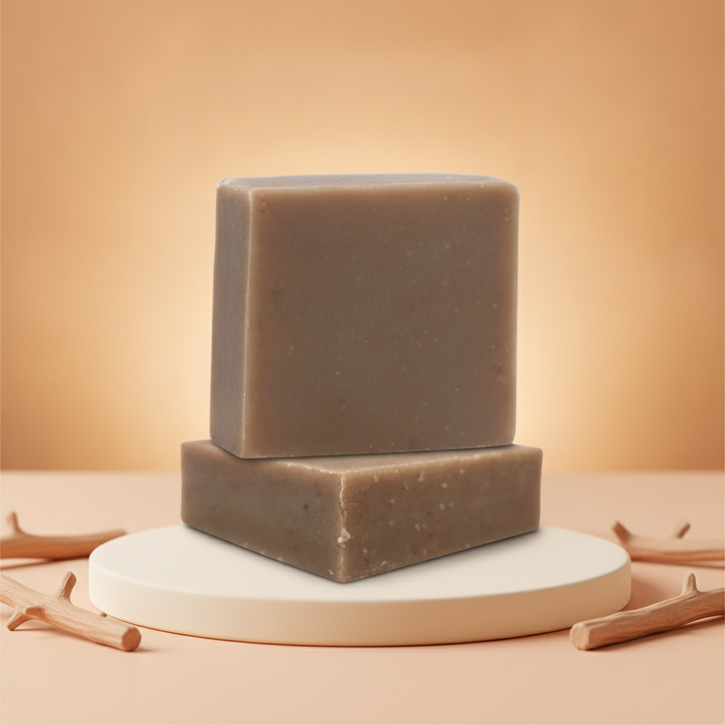Stacked Sandalwood Soap Bars on a white pedestal with sandalwood curls and a soft beige background.