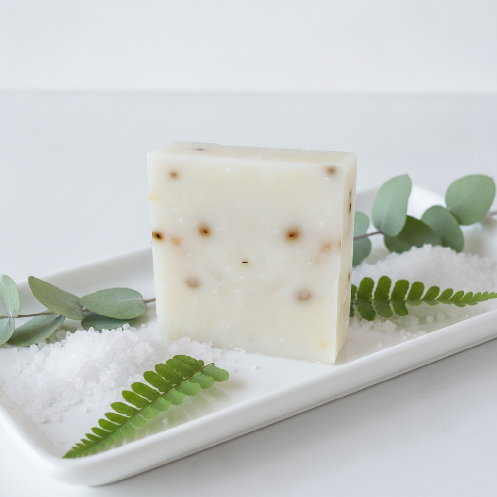 Grapefruit Tea Tree Scrub Soap Bar on a white tray with sea salt, eucalyptus-style greenery, and fern accents.