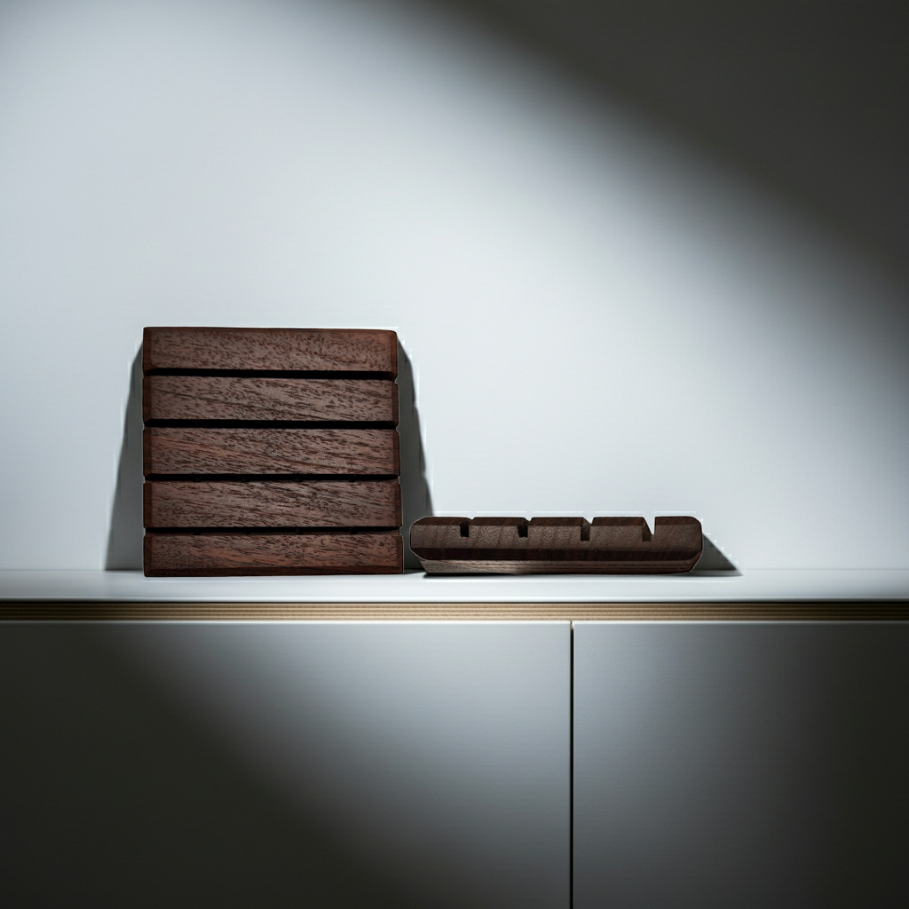 Beveled Edge Walnut wood soap dish standing upright next to a flat dish on a white shelf under dramatic side lighting.