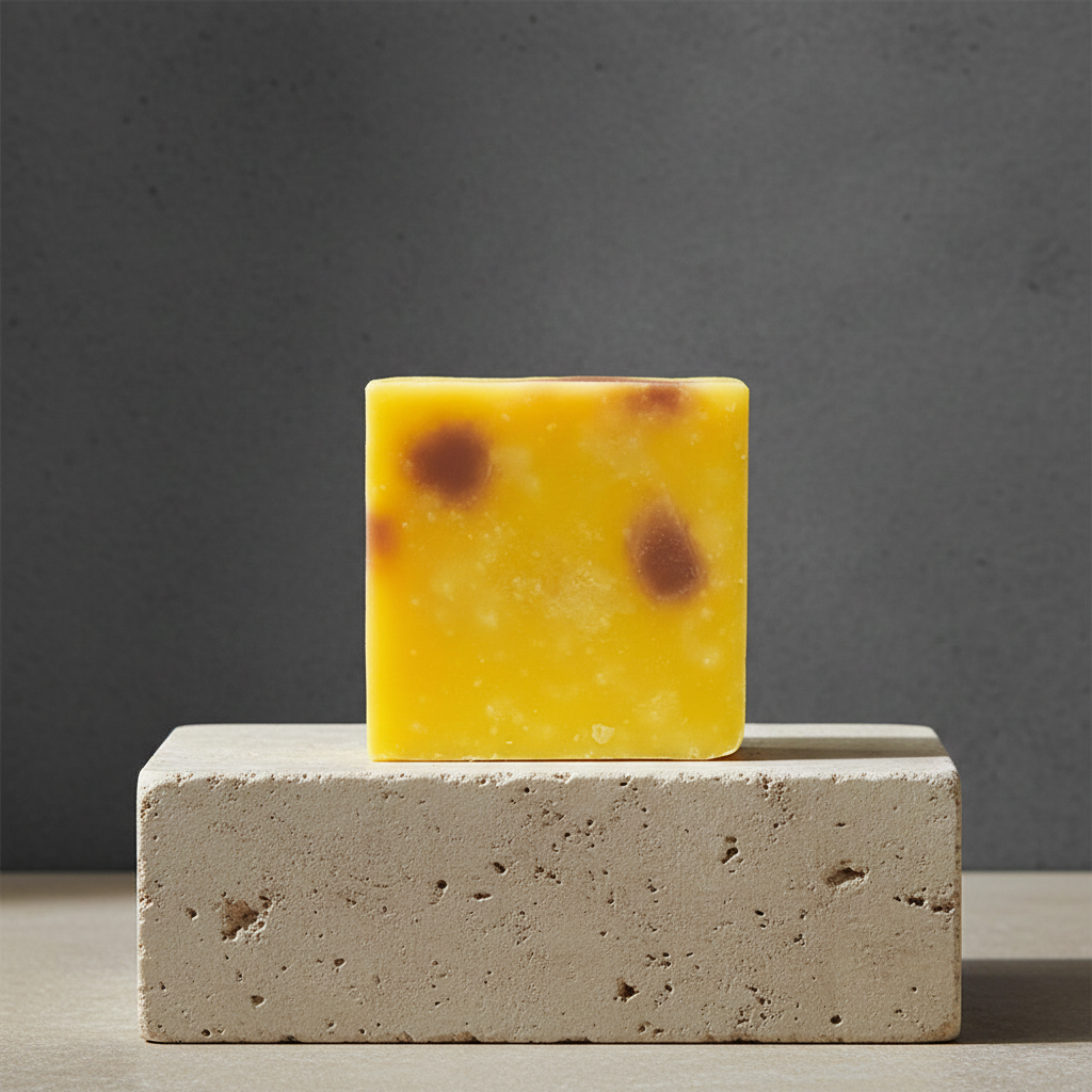 Island Girl Radiance soap bar on a light stone pedestal with a clean minimal backdrop