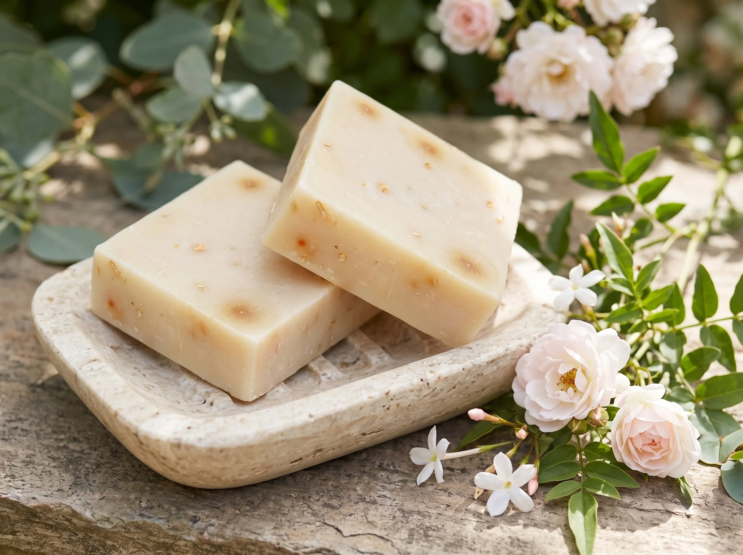 Two speckled soap bars on a stone tray with roses and greenery.