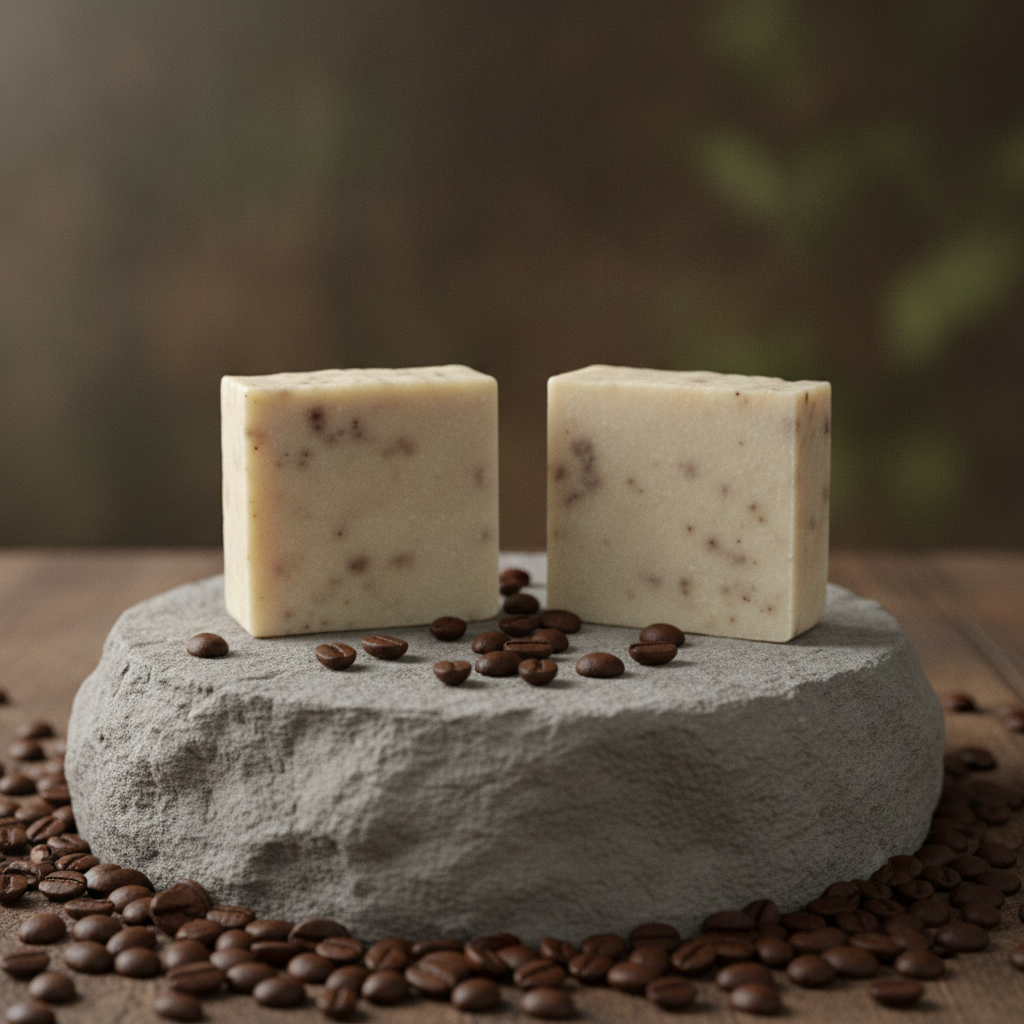 Two Strong Coffee Soap Bars on a stone pedestal with coffee beans scattered around them.