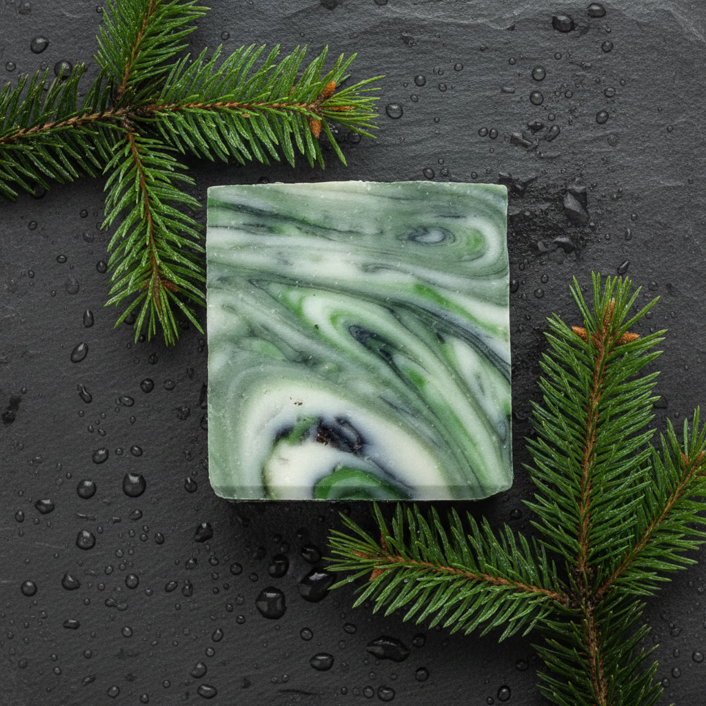 Mountain Air Soap Bar on a dark wet stone surface with evergreen branches and water droplets.