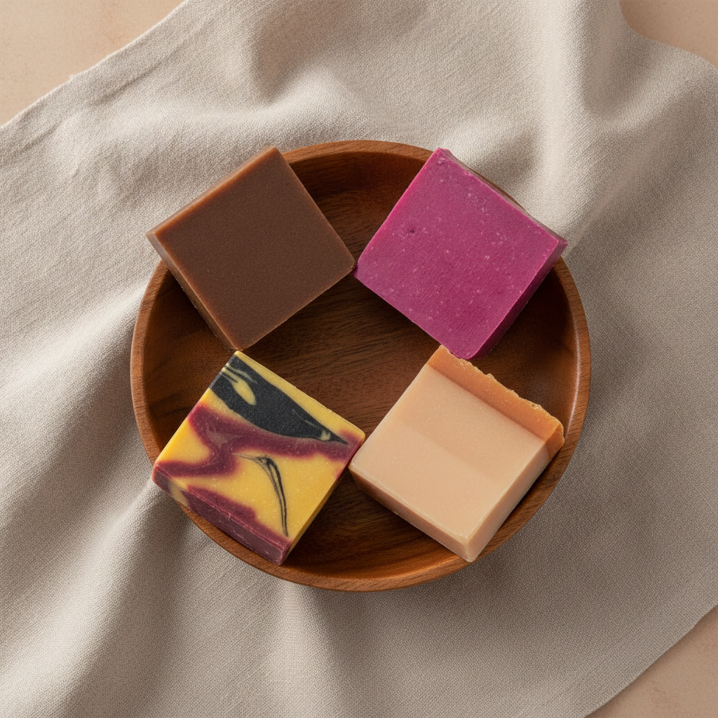 Four Heritage Line soap bars arranged in a wooden bowl on soft neutral fabric.