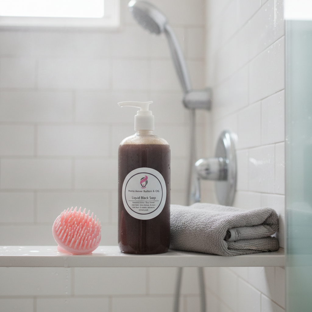 Raw Liquid African Black Soap on a bathtub ledge beside a folded towel and pink scalp brush.