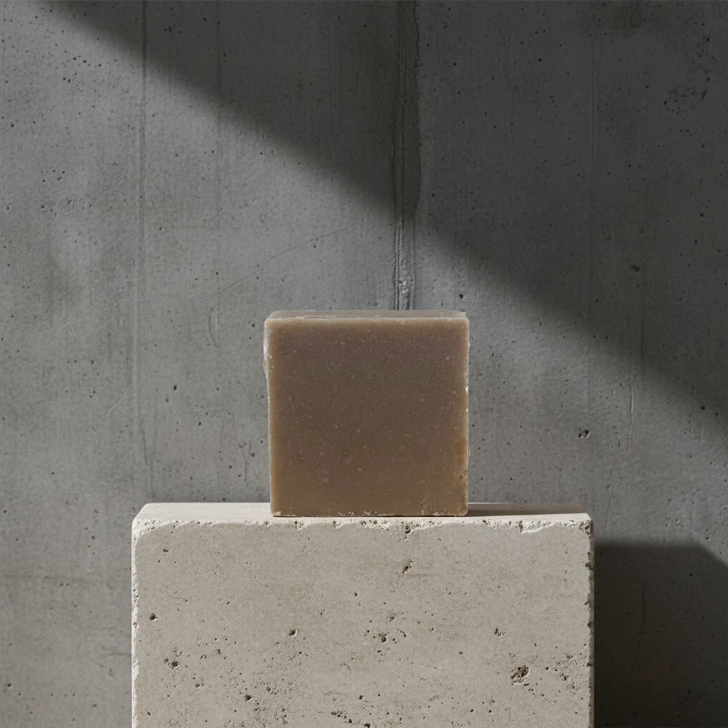 Queen of the Nile handmade soap bar on a light stone pedestal in soft dramatic natural light