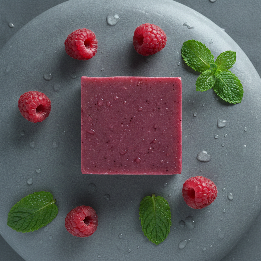 Raspberry Mint Soap Bar on a wet gray tray surrounded by raspberries, mint leaves, and water droplets.