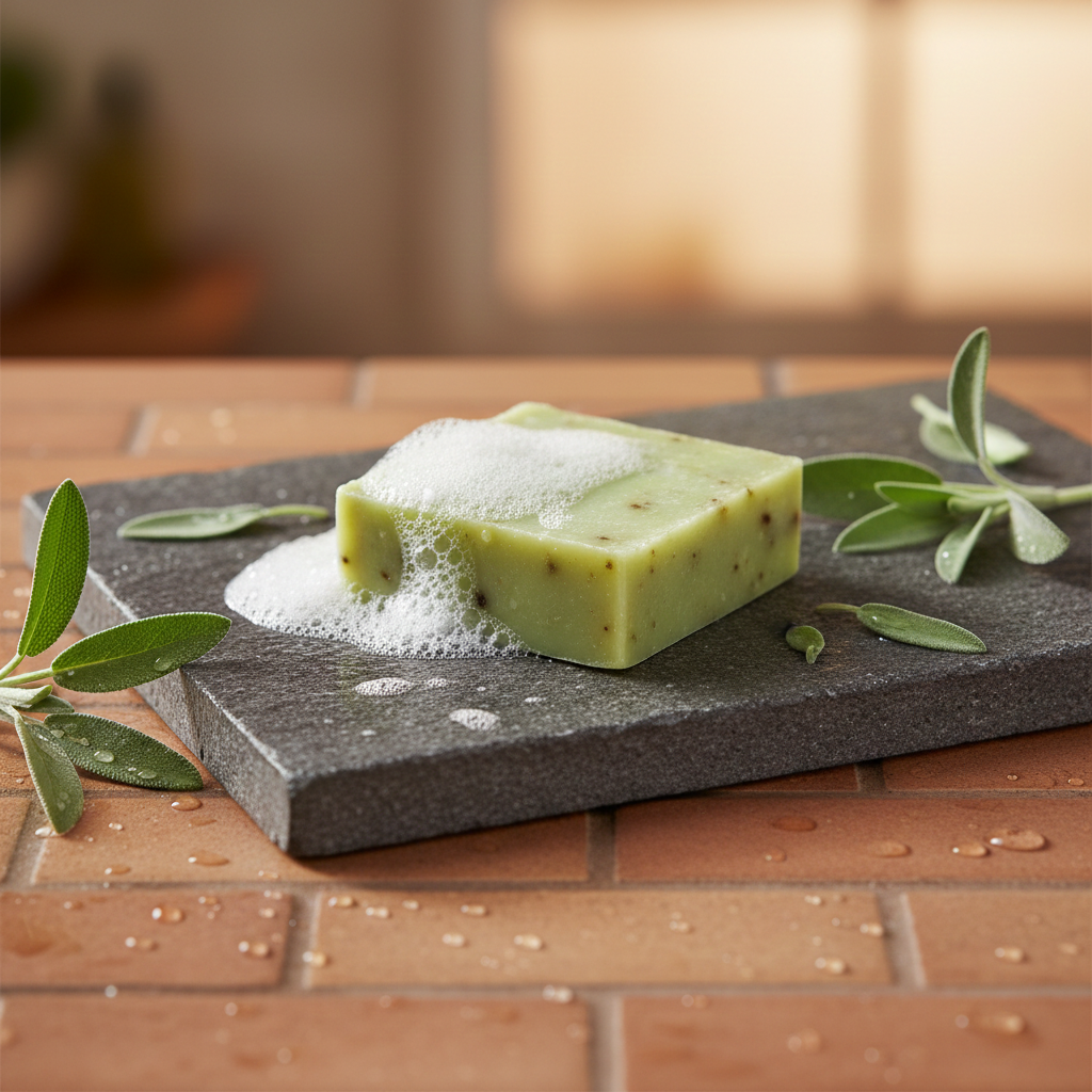 Hot Hammam soap bar with rich lather on a dark tray over terracotta tile with fresh sage leaves