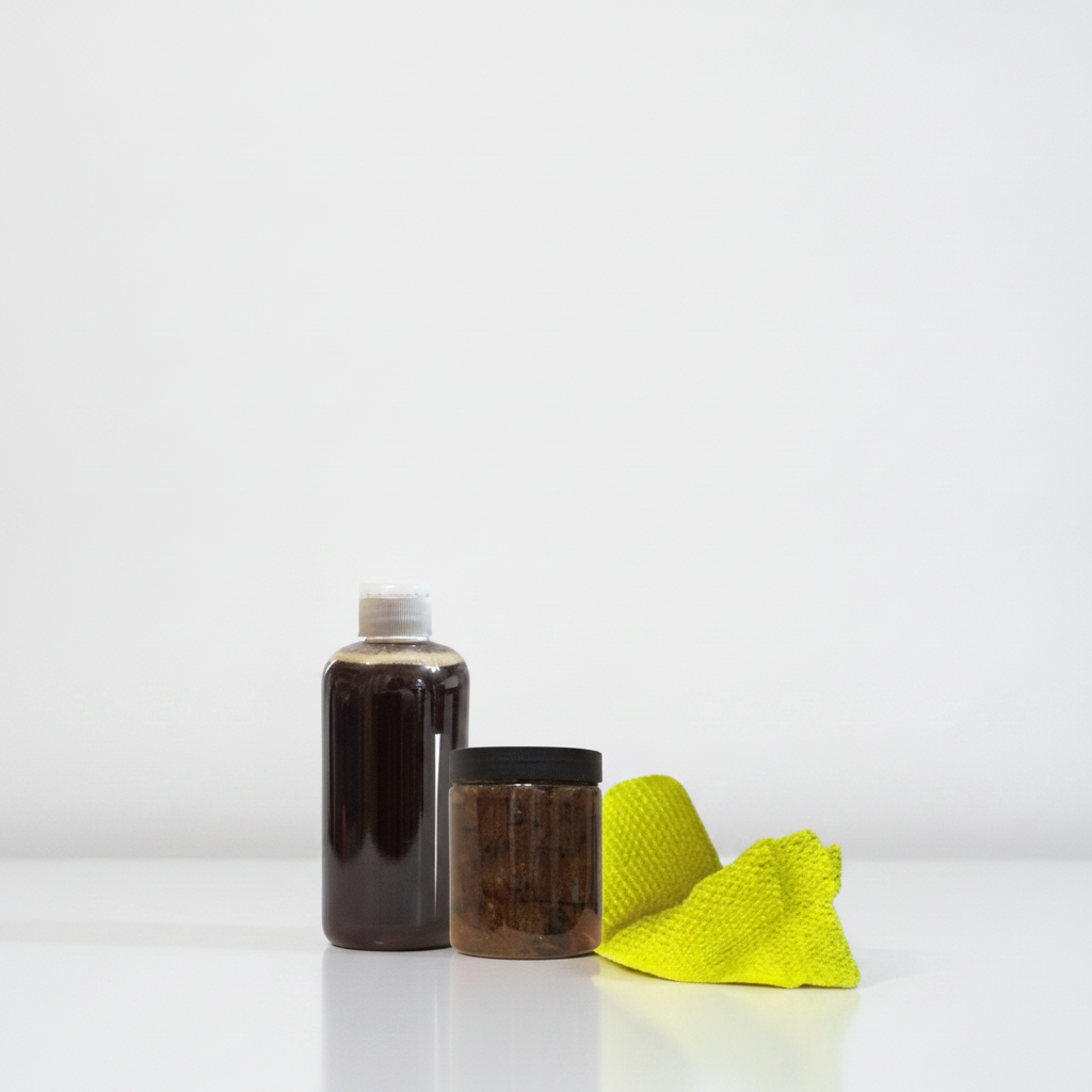 Black Soap Two Ways set with liquid African black soap, black soap paste, and yellow Sapo Sponge on a glossy white surface.