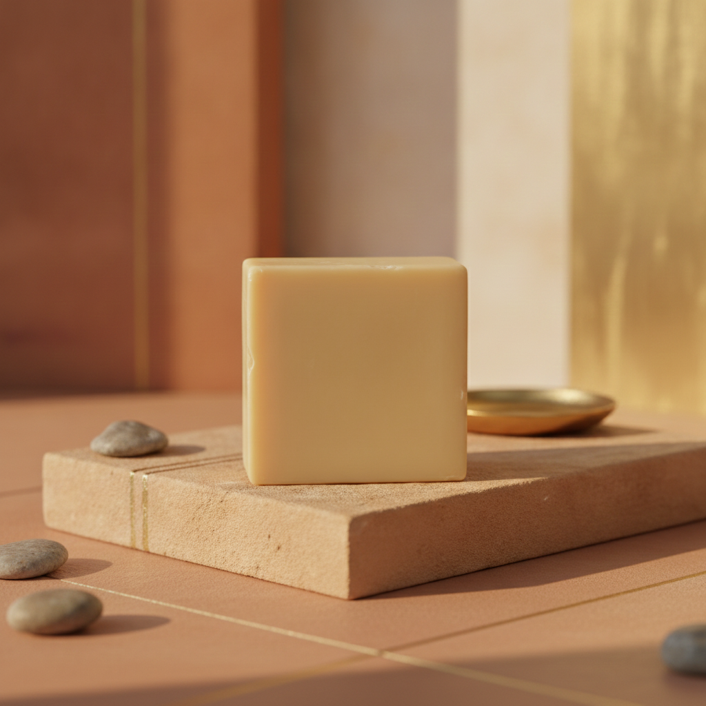 Egyptian Musk Soap Bar on a stone tray with smooth rocks and warm golden lighting.