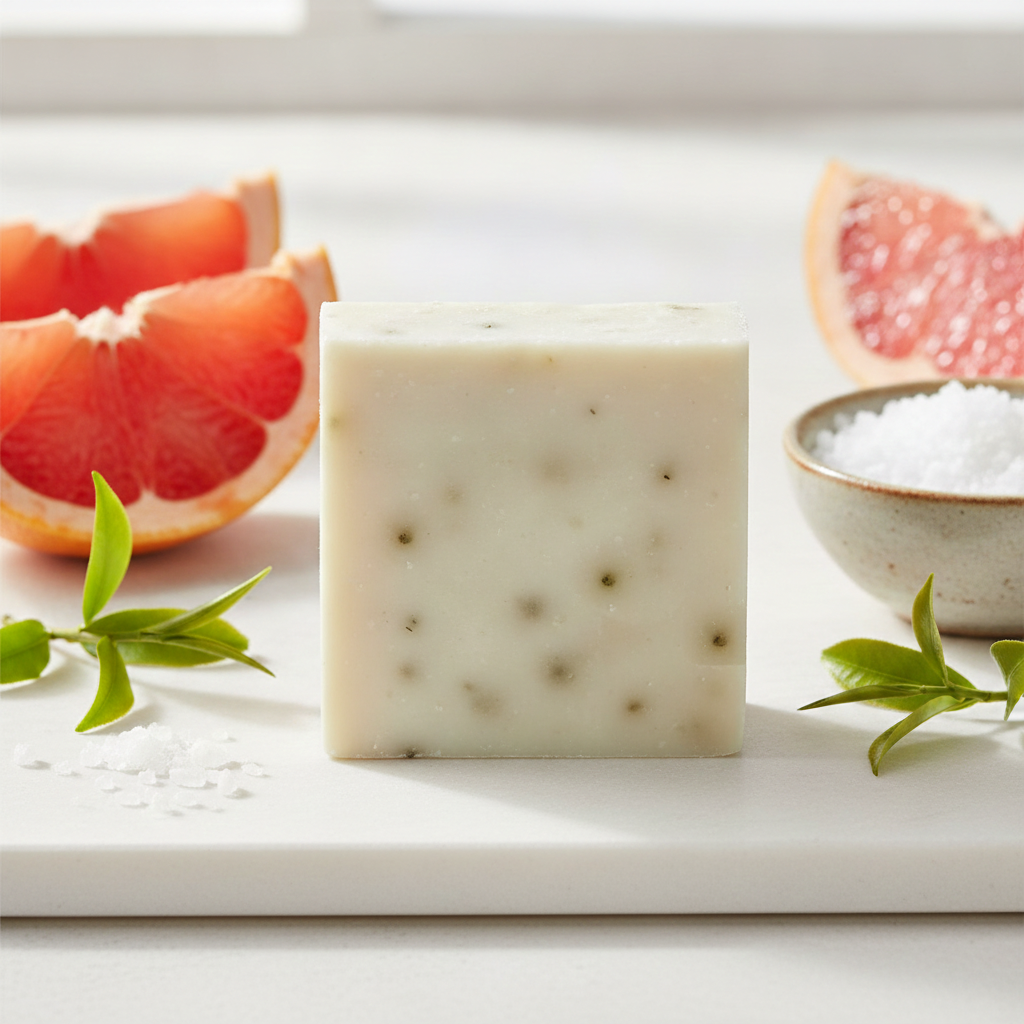 Grapefruit Tea Tree Scrub Soap Bar with grapefruit slices, tea tree leaves, and a small bowl of sea salt.