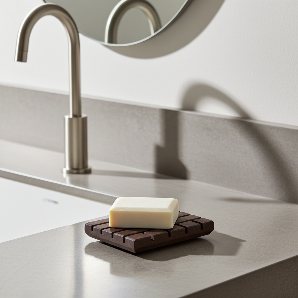 Beveled Edge Walnut wood soap dish holding a bar of soap on a modern bathroom counter beside a curved metal faucet and round mirror.