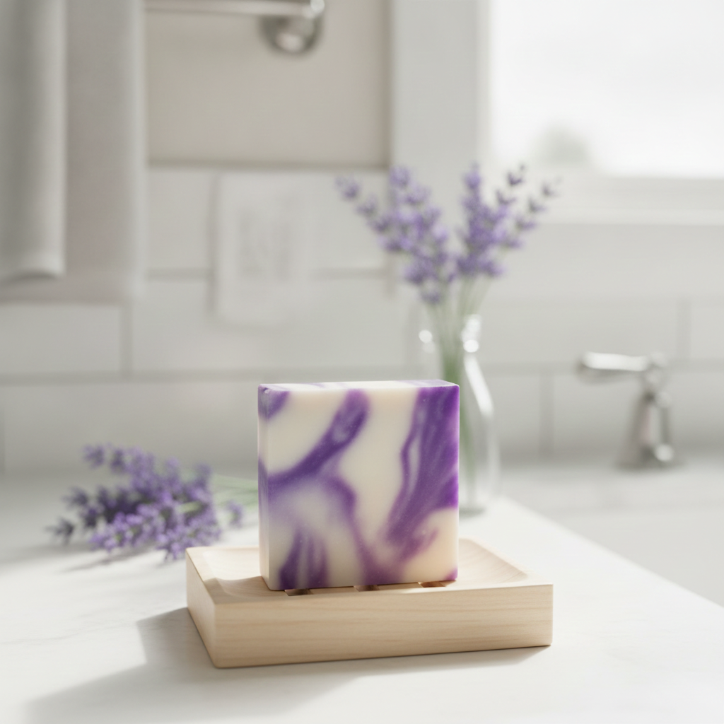 Lavender Soap Bar in a wooden soap dish with lavender flowers in a bright bathroom.