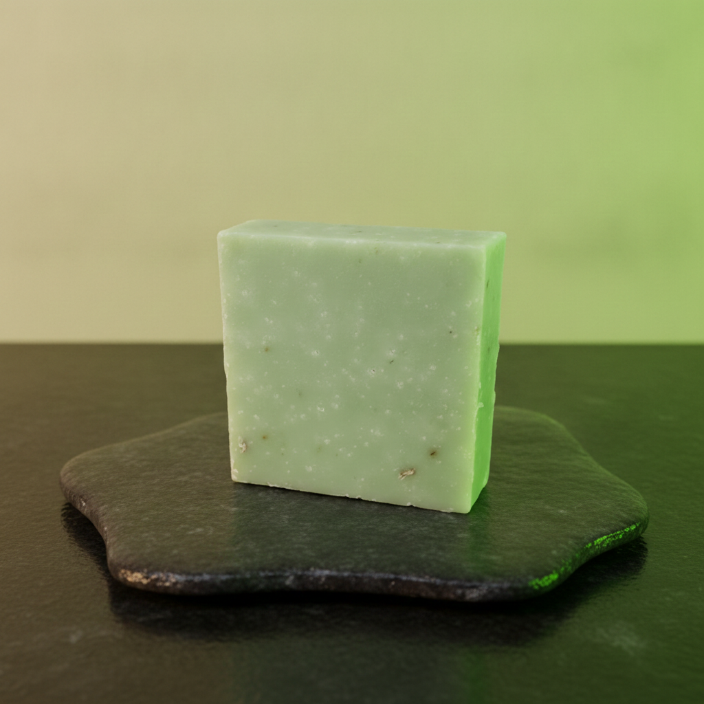 Jasmine Lime Scrub Soap Bar displayed on a dark green stone surface with soft green lighting.