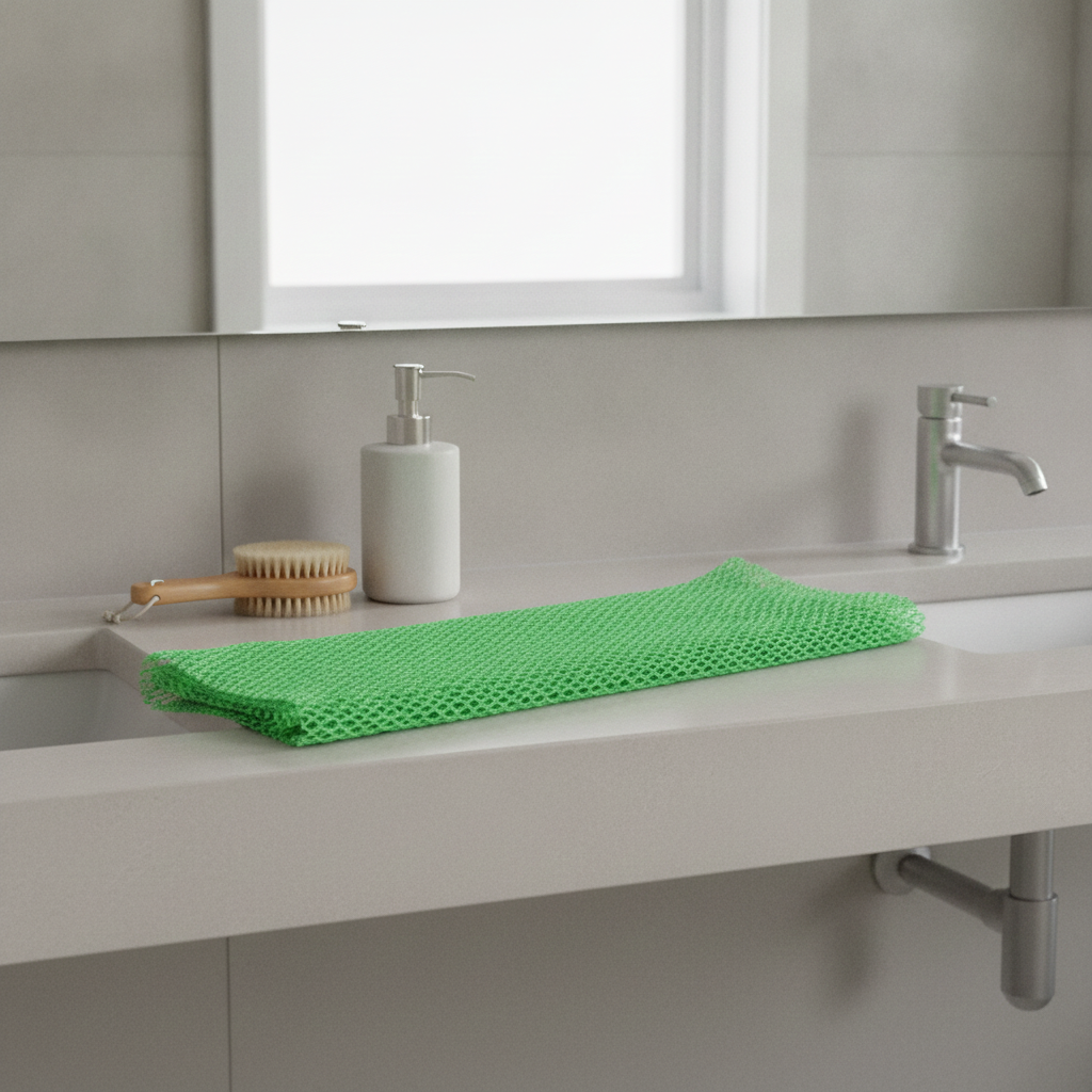 size-sapo-sponge-bathroom.jpg Green Super Size Sapo Sponge laid open beside a bathroom sink