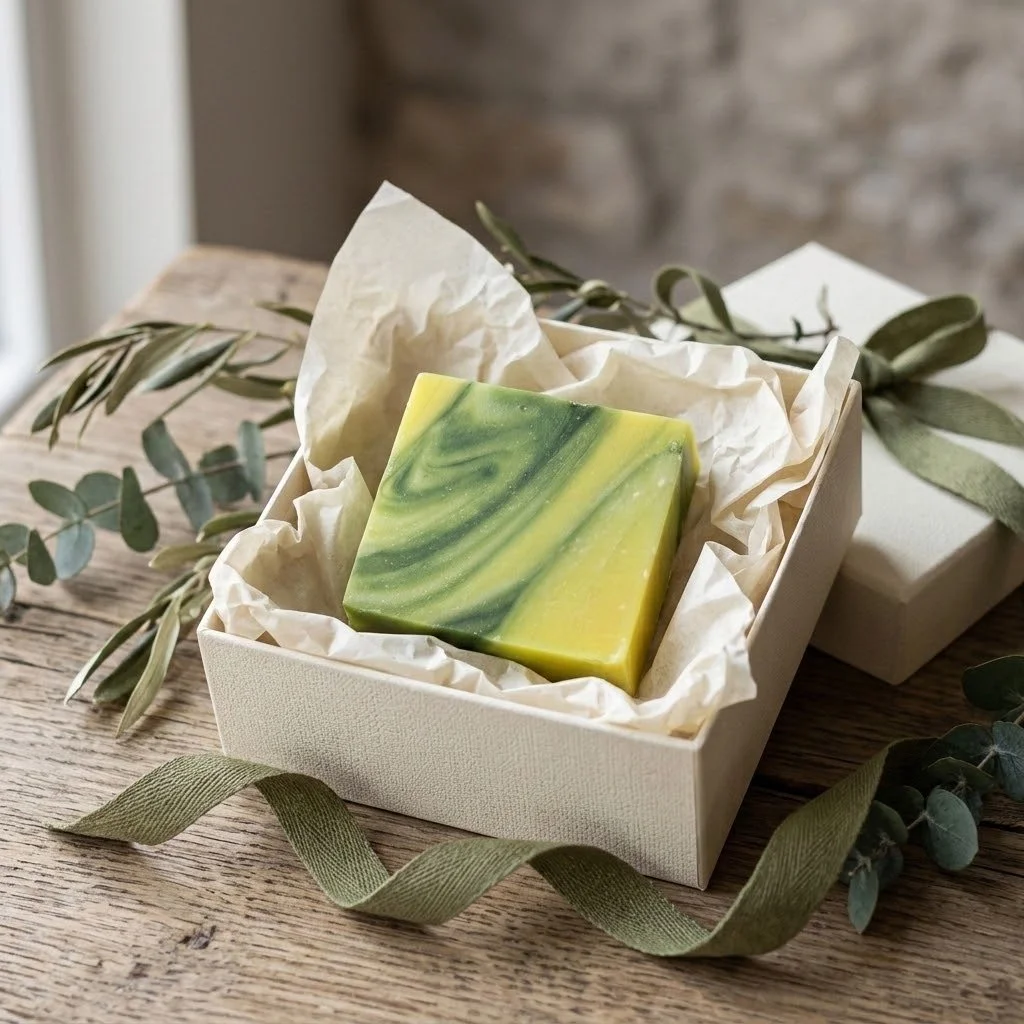 Free Spirit soap bar nestled in tissue paper inside an open box with greenery.