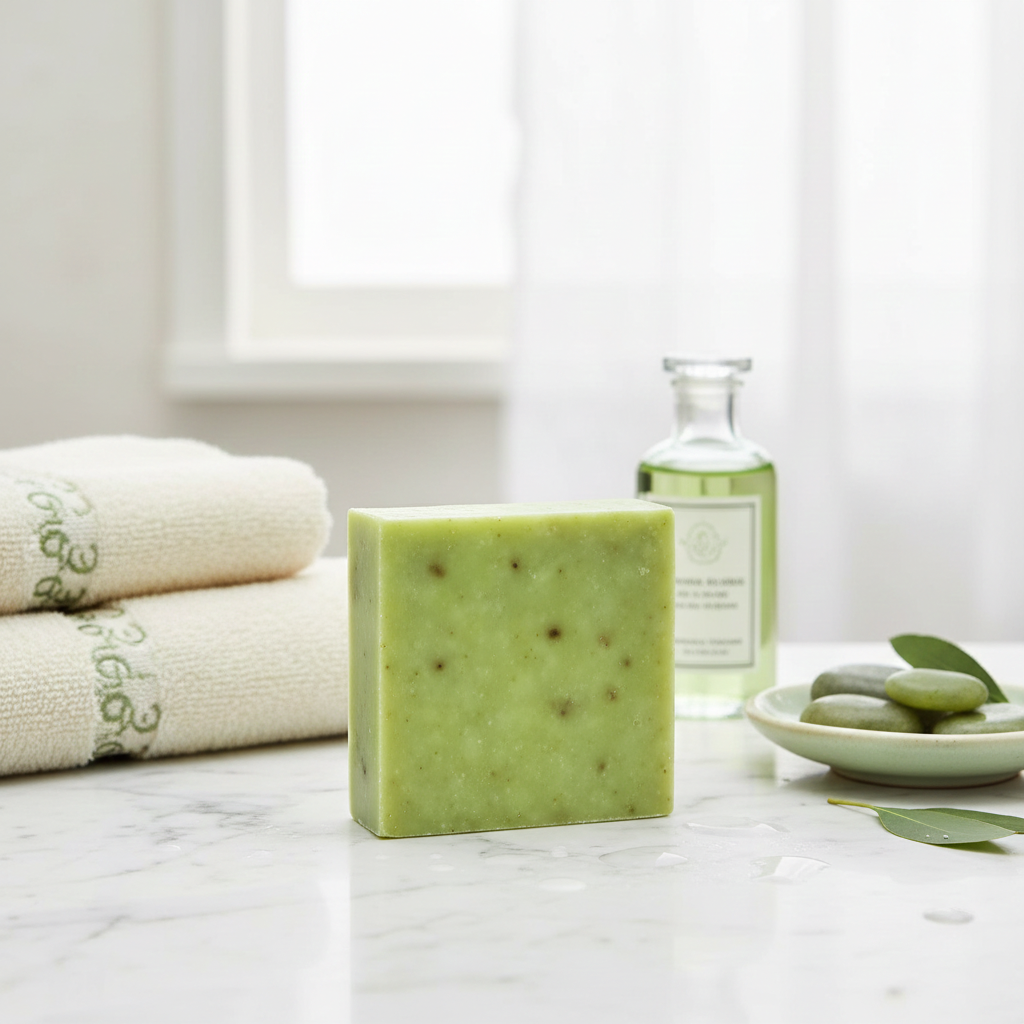 Hot Hammam handmade soap bar on a bright spa counter with rolled towels, a green glass bottle, and fresh herbs
