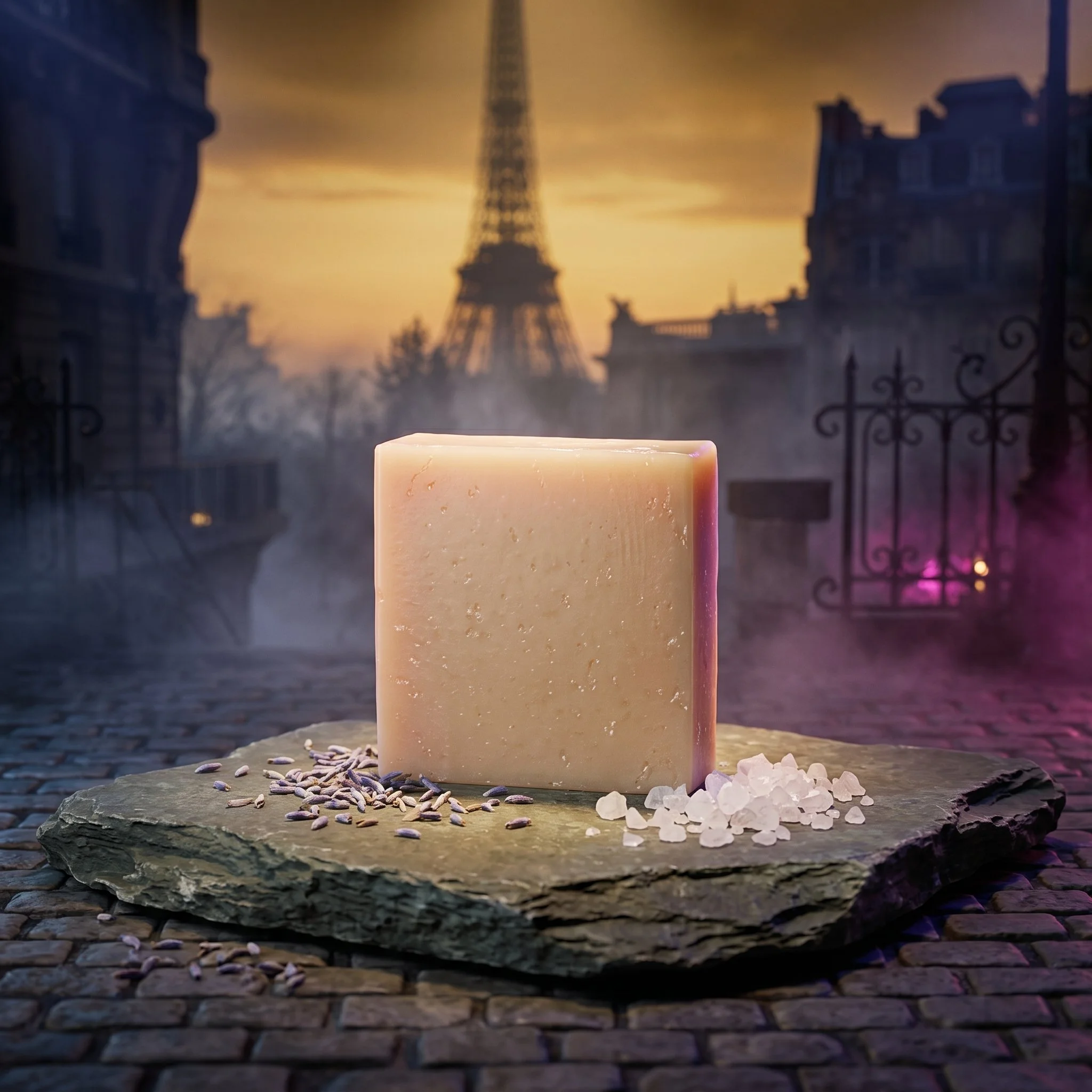 Room to Breathe Soap Bar on a stone surface with Paris street scenery and the Eiffel Tower in the background.