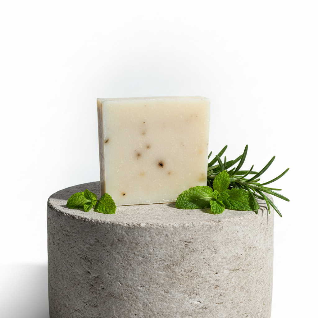 Spearmint Rosemary Soap Bar on a stone pedestal with fresh mint leaves and rosemary sprigs.