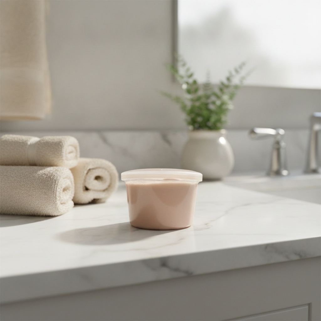 Creamy Whipped Shealoe Butter on a bright bathroom counter beside rolled towels, a plant, and a sink.