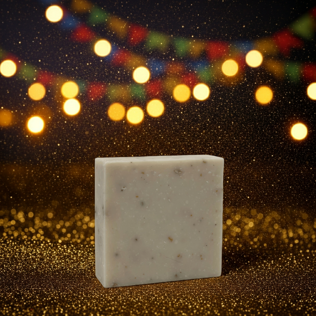 Warm, festive product photo of Noite de Carnaval soap with golden bokeh lights to reflect a carnival-night celebration mood.