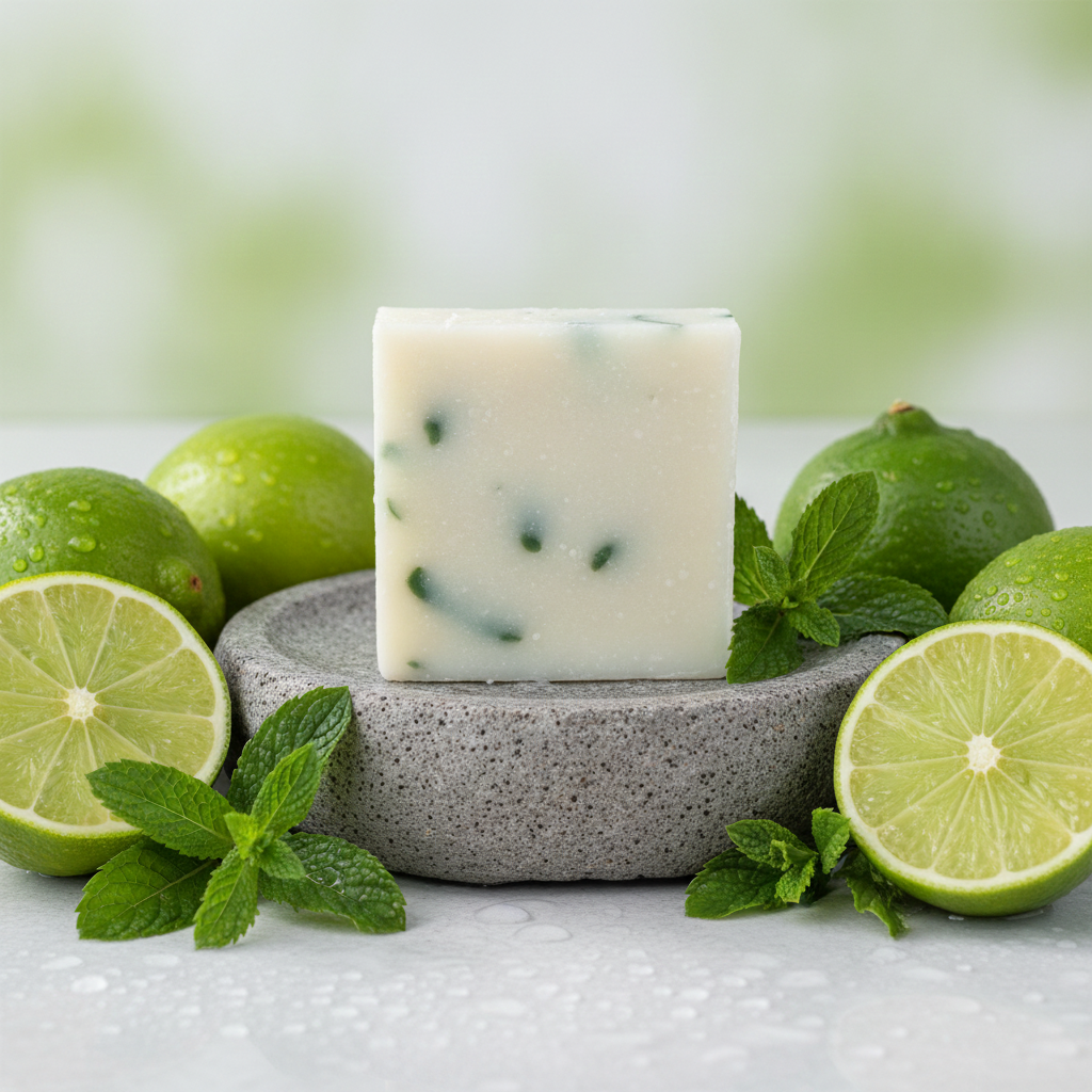 Limeade Soap Bar surrounded by fresh limes, mint leaves, and lime slices on a stone pedestal.
