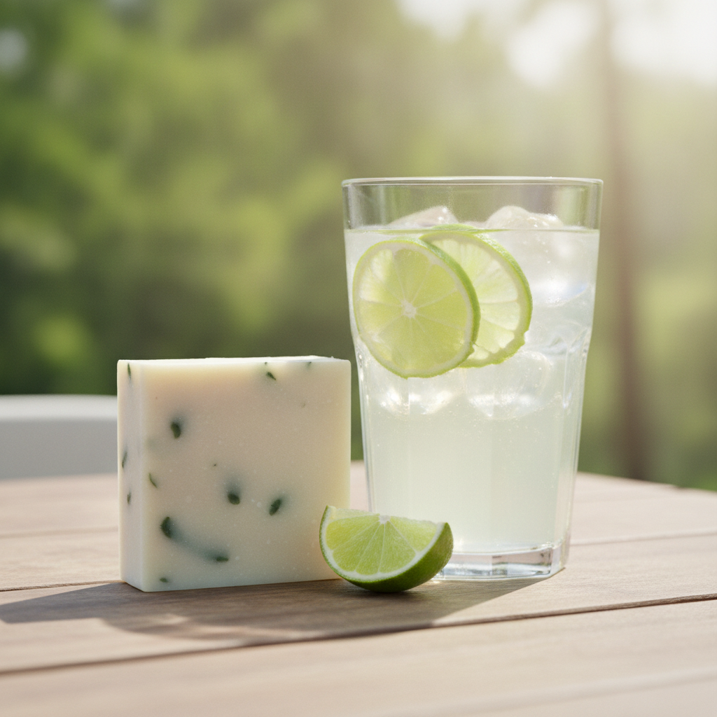 Limeade Soap Bar beside a glass of limeade with lime slices on a wooden surface.